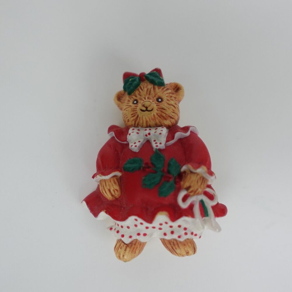 Hallmark Christmas Teddy Bear Brooch Pin Red Dress Holly Vintage Fashion Jewelry